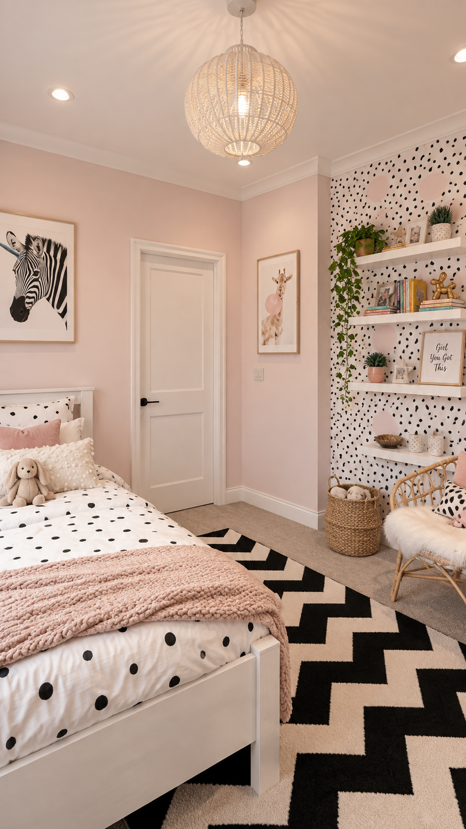 Pink bedroom with playful spotted walls and monochrome rug
