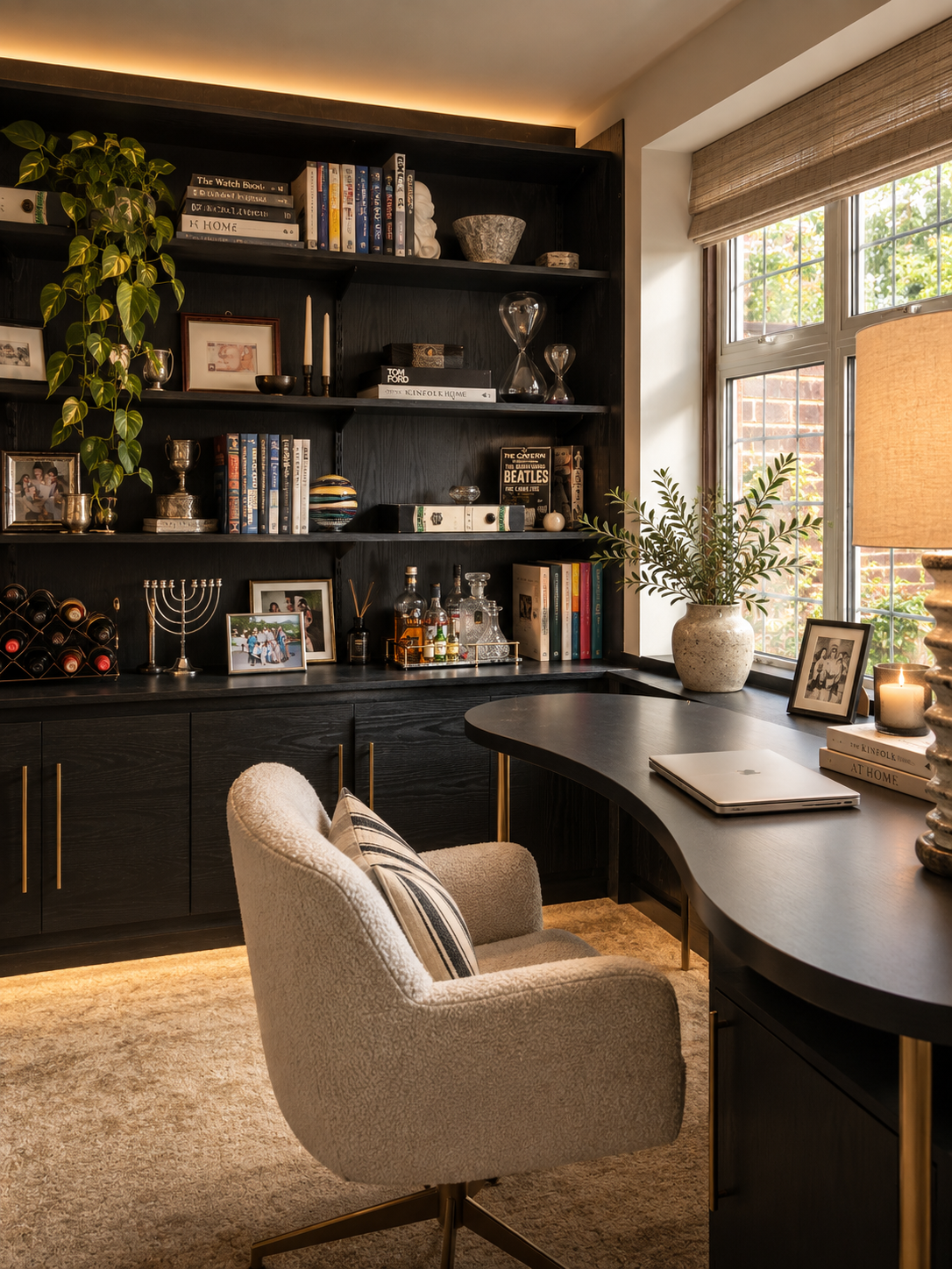 Dark home office with curved desk and fitted bookshelves