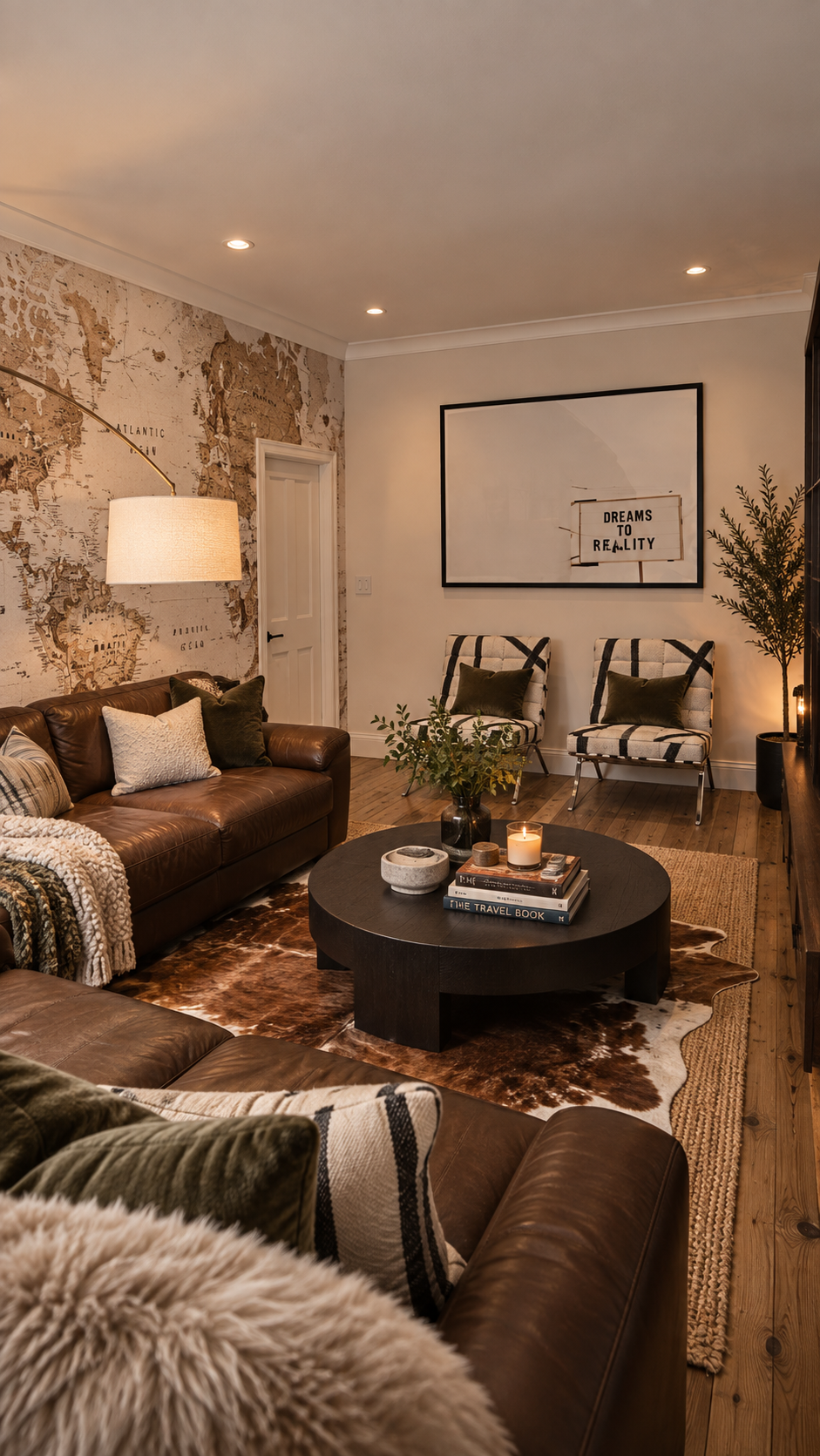 Warm lounge with map wall, leather seating and striped chairs
