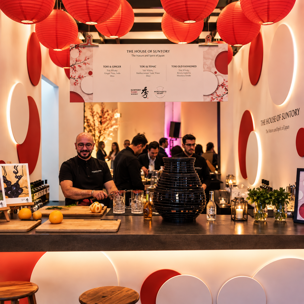 Bartender crafting cocktails beneath red lanterns at The House of Suntory