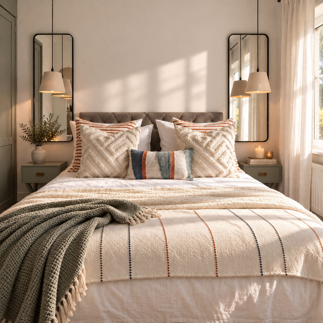 Softly lit bedroom with layered neutral textiles