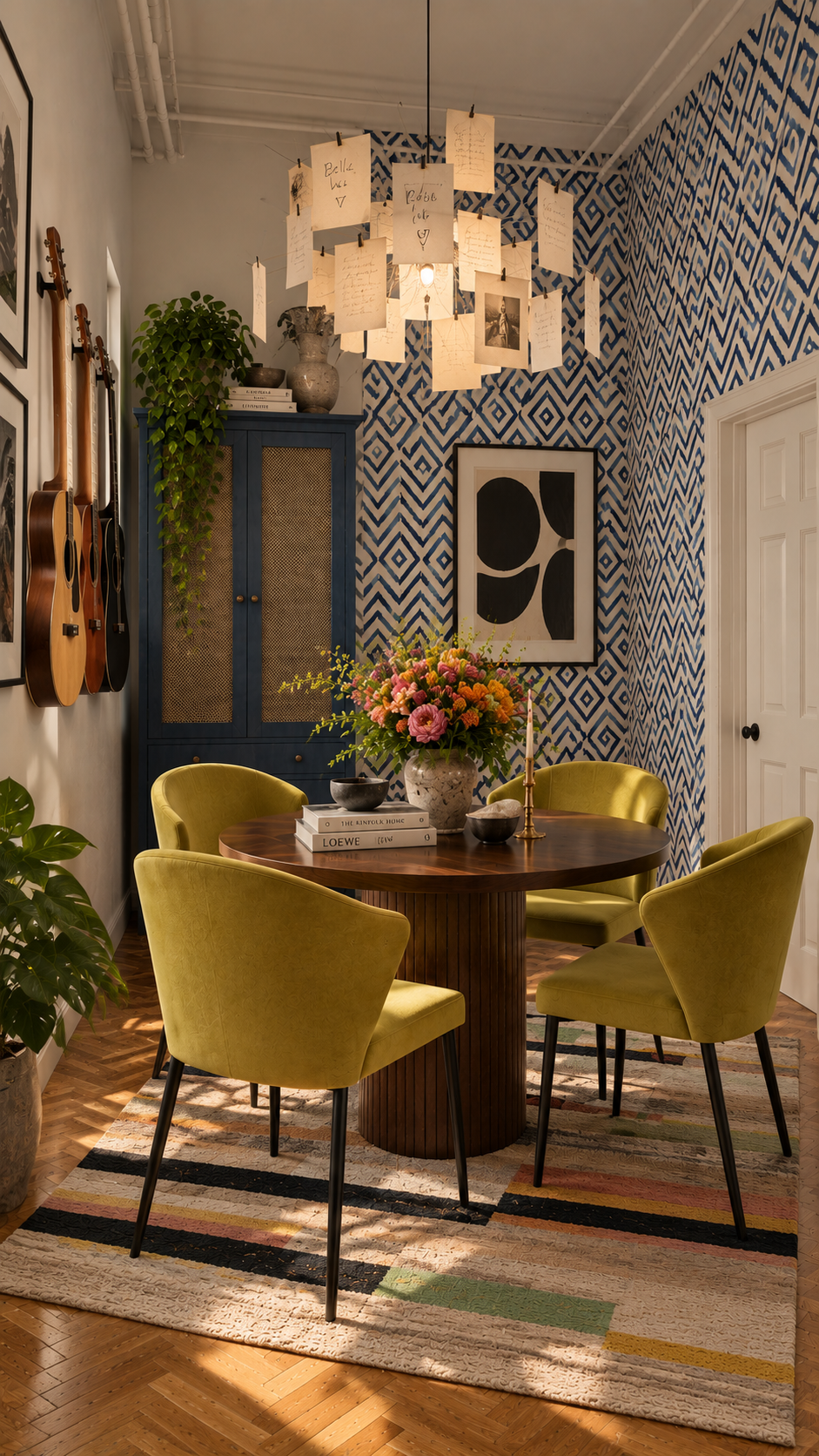 Dining room with blue patterned walls and chartreuse chairs