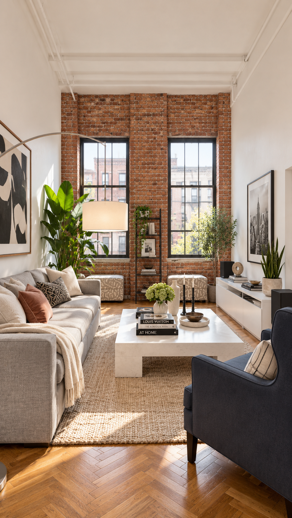 Sunlit brick loft lounge with plants and contemporary furniture