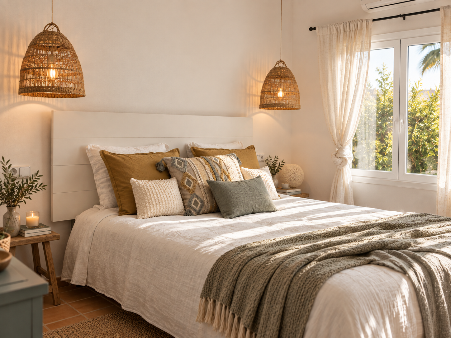 Sunlit neutral bedroom with woven pendant lights