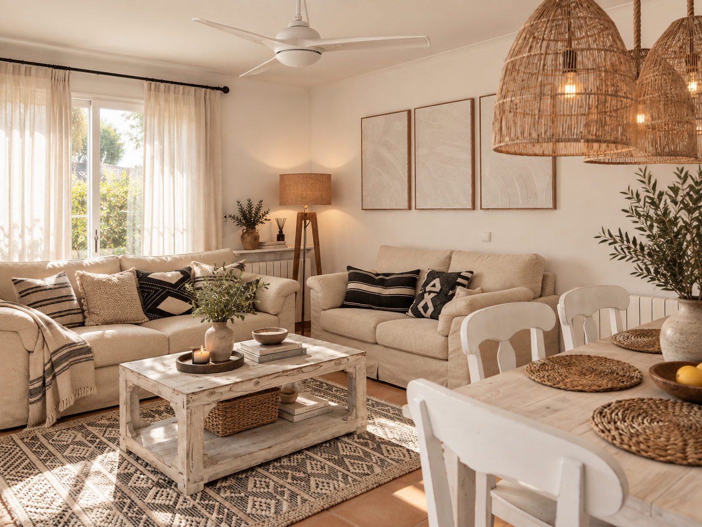 Warm neutral living and dining room with woven lighting