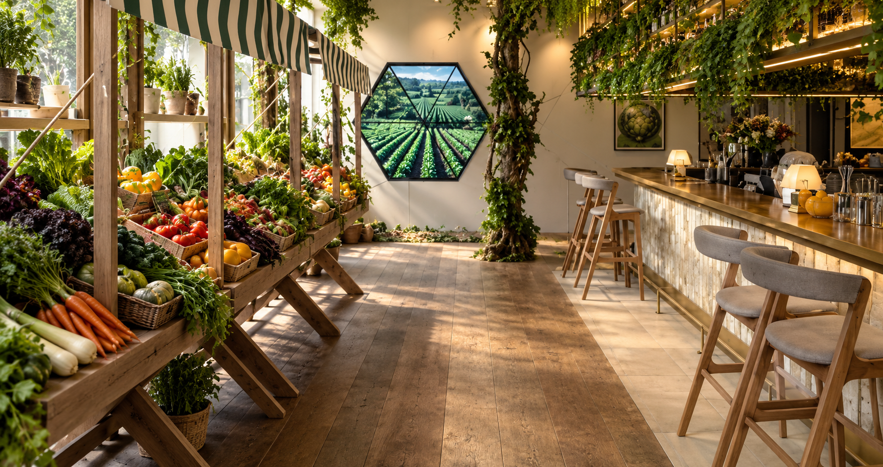 Produce market and botanical event bar interior